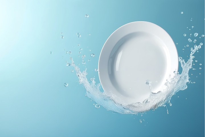 A white plate with splashing water to illustrate LG dishwashers' efficient cleaning using less water and energy