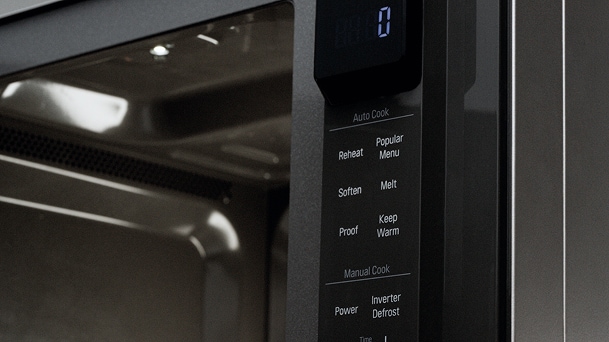 LG microwave control panel shows Auto Cook menu, Reheat, Soften, Melt, Keep Warm, and Inverter Defrost.