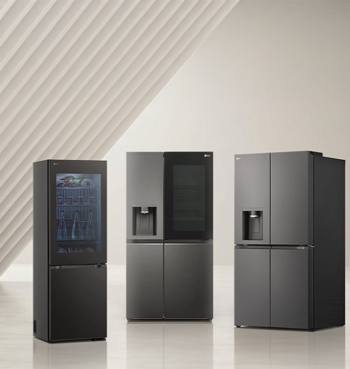 LG refrigerator lineup including American style models displayed in a minimal interior setting.