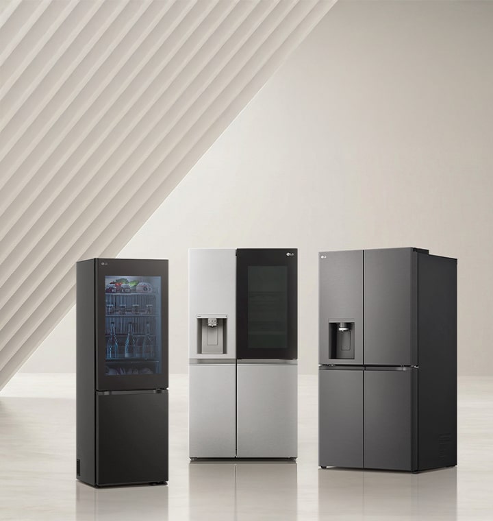 LG fridge freezer lineup including American style models displayed in a minimal interior setting.