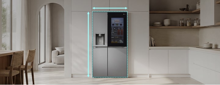 LG fridge freezer in a built-in kitchen showing installation and clearance dimensions.