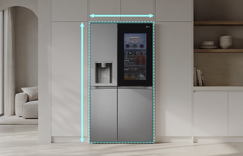 LG fridge freezer in a built-in kitchen showing installation and clearance dimensions.