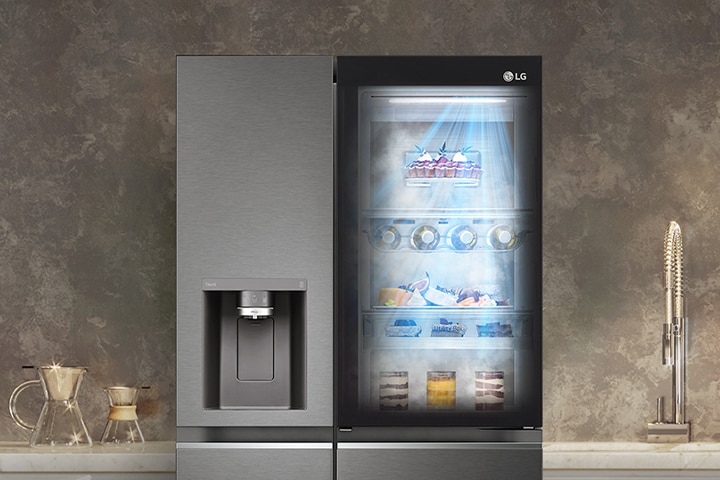 LG fridge freezer with internal cooling airflow evenly distributing cold air across stored food.