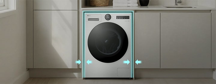 LG washing machine in a built-in space with side clearance highlighted for measurement.