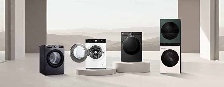 LG laundry appliances lineup including washing machines, dryers and WashTower in a minimal interior.