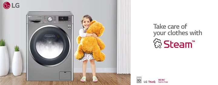 LG washing machine with steam care inside the drum.
