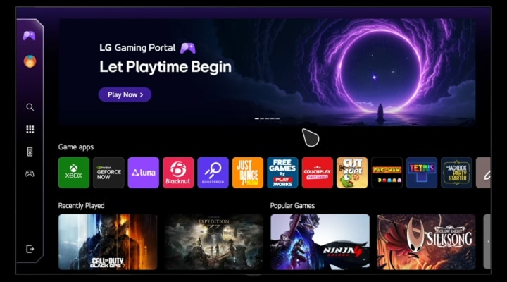 LG TV displaying the Gaming Portal screen, scrolling down through available games and features. The video shows a user navigating to the settings menu on the left, showcasing various gaming options including GFN, Luna, Blacknut, Boosteroid, and Xbox.