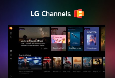 LG Channels home interface features a visually appealing layout, showcasing a selection of recently watched content and highlighted titles.