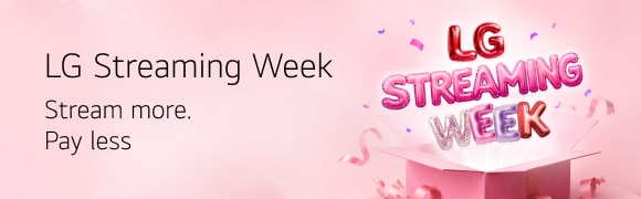 Colorful balloon-style “LG Streaming Week” lettering rises from an open pink gift box, surrounded by ribbons and confetti on a soft pink background.