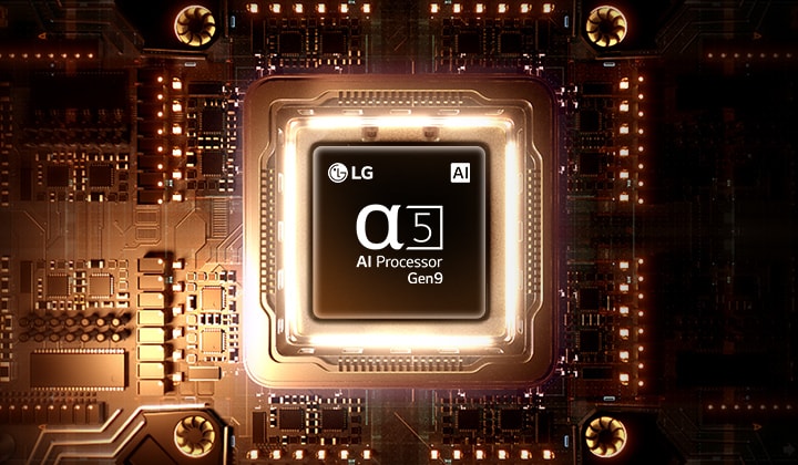 LG SMART TV AI LB65’s alpha 5 AI Processor Gen9 glows at the center of an orange circuit board, highlighting AI processing that delivers clearer picture quality with enhanced sharpness and depth.