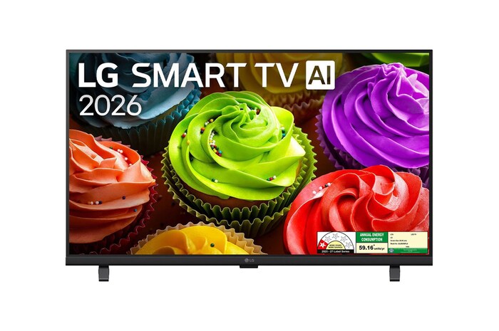 The front view of the LG SMART TV AI LB65 FHD TV, released in 2026, fills the screen with a close-up of colorful cupcakes, highlighting smooth frosting, varied colors, and clear surface detail across the display.