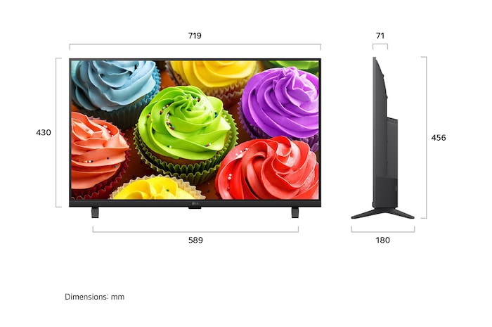 LG SMART TV AI LB65 FHD TV shown in front and side views highlights a 32-inch display with a 719 mm-wide screen, 430 mm screen height, 456 mm height with stand, a 71 mm profile depth, and a stand footprint measuring 589 by 180 mm.