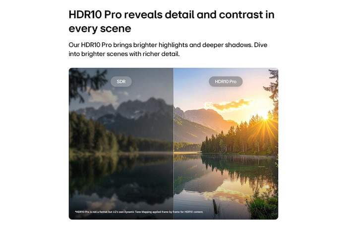 LG SMART TV AI LB65 FHD TV highlights HDR10 Pro through a split scenic lake-and-mountain image, comparing SDR with HDR10 Pro to reveal brighter highlights, deeper shadows, and more refined contrast.