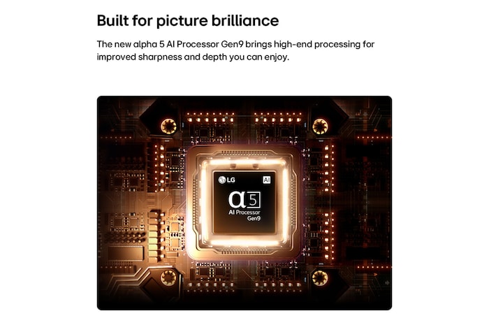 LG SMART TV AI LB65 FHD TV’s alpha 5 AI Processor Gen9 glows at the center of an orange circuit board, highlighting AI processing that delivers clearer picture quality with enhanced sharpness and depth.