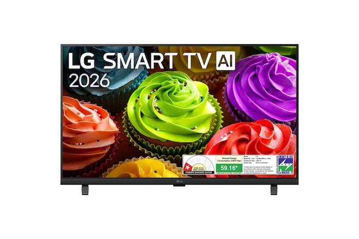 The front view of the LG SMART TV AI LB65 FHD TV, released in 2026, fills the screen with a close-up of colorful cupcakes, highlighting smooth frosting, varied colors, and clear surface detail across the display.