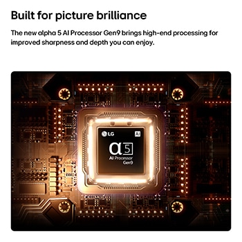 LG SMART TV AI LB65 FHD TV’s alpha 5 AI Processor Gen9 glows at the center of an orange circuit board, highlighting AI processing that delivers clearer picture quality with enhanced sharpness and depth.