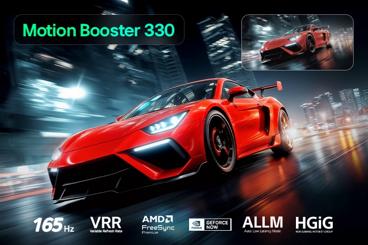 LG Micro RGB evo AI MRGB95 with Ultimate Gameplay shows a vibrant, high-speed racing scene with a blurred comparison inset highlighting Motion Booster 330, while supporting 165 Hz, VRR, AMD FreeSync, ALLM, HGiG, and GeForce NOW. 	