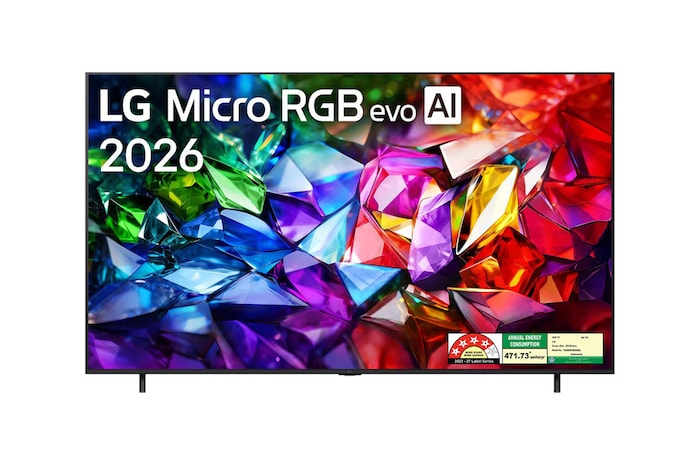The front view of LG Micro RGB evo AI MRGB95, released in 2026, displays a vivid, crystalline image of sharply defined red, green, and blue facets, featuring 100-inch display, webOS, RGB Primary Color Ultra, and the alpha 11 AI Processor 4K Gen3 and a Dual AI Engine.
