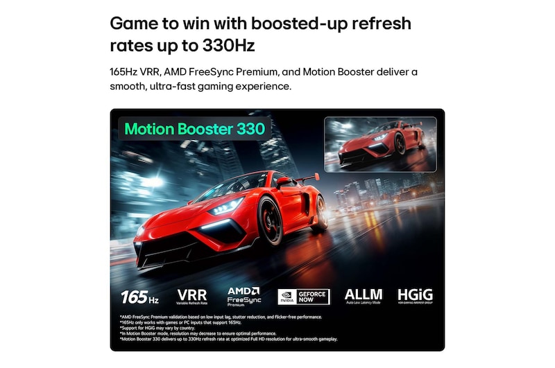LG Micro RGB evo AI MRGB95 with Ultimate Gameplay shows a vibrant, high-speed racing scene with a blurred comparison inset highlighting Motion Booster 330, while supporting 165 Hz, VRR, AMD FreeSync, ALLM, HGiG, and GeForce NOW. 