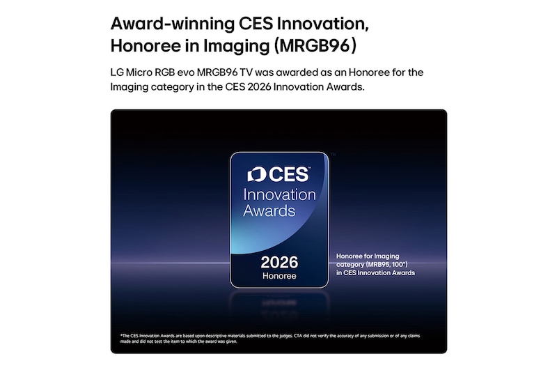 2026 CES Innovation Awards Honoree badge in the Imaging category for the MRGB95 100-inch display