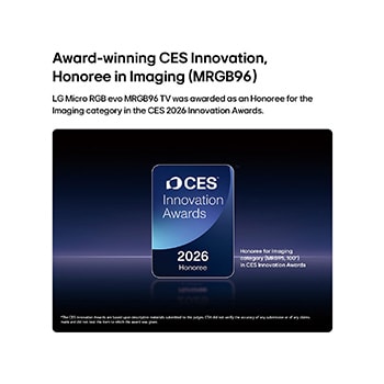 2026 CES Innovation Awards Honoree badge in the Imaging category for the MRGB95 100-inch display