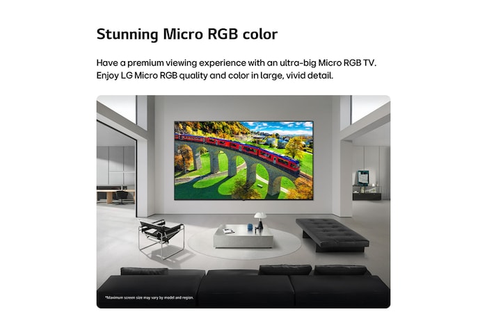 LG Micro RGB evo AI MRGB95, offering up to 100 inches, is wall-mounted in a spacious modern living room. Displaying a vivid, colorful landscape that highlights rich color and fine detail, elevating the interior to a new level.