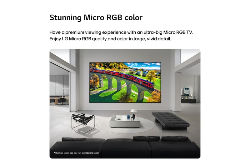 LG Micro RGB evo AI MRGB95, offering up to 100 inches, is wall-mounted in a spacious modern living room. Displaying a vivid, colorful landscape that highlights rich color and fine detail, elevating the interior to a new level. 
