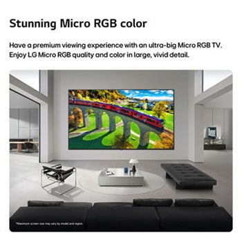 LG Micro RGB evo AI MRGB95, offering up to 100 inches, is wall-mounted in a spacious modern living room. Displaying a vivid, colorful landscape that highlights rich color and fine detail, elevating the interior to a new level. 