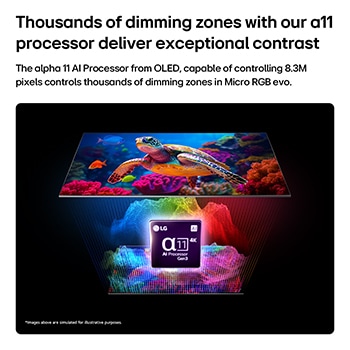 LG Micro RGB evo AI MRGB95 with Micro Dimming Ultra displays a vibrant marine life scene with precise color separation across over 8.3 million pixels, enhanced by thousands of dimming zones driven by alpha 11 AI Processor 4K Gen3. 