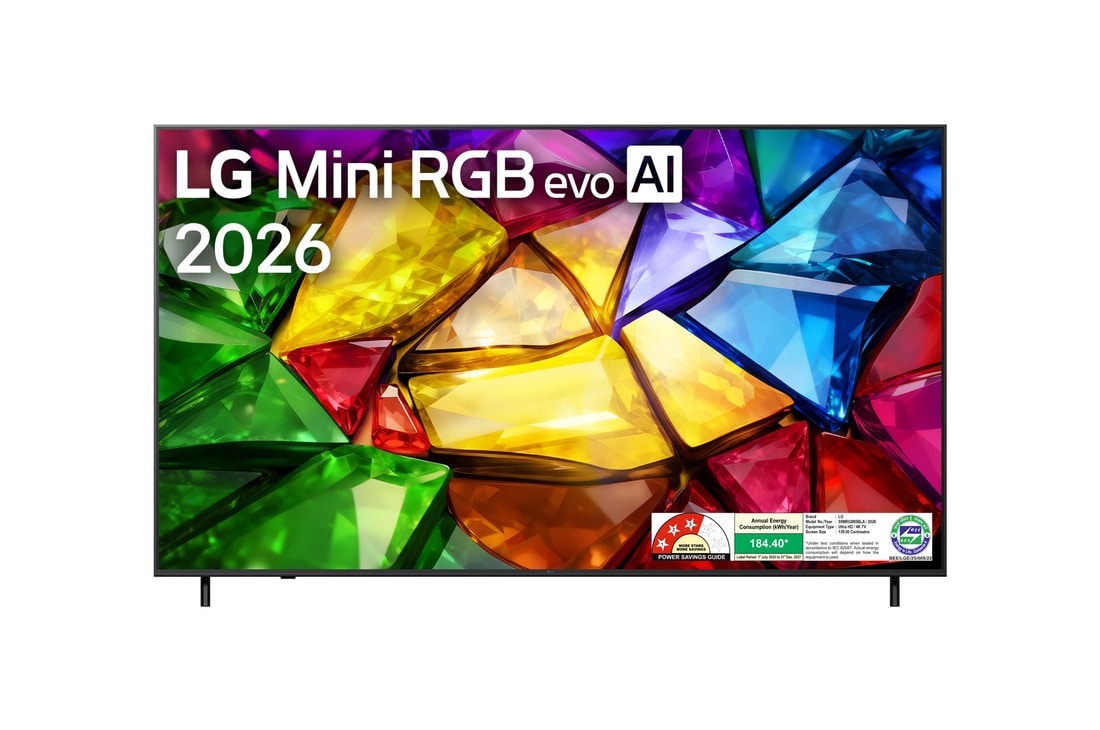 The front view of LG Mini RGB evo AI MRGB85, released in 2026, features a slim black bezel with short feet, while a vivid, crystalline image of sharply defined multicolored facets fills the screen.
