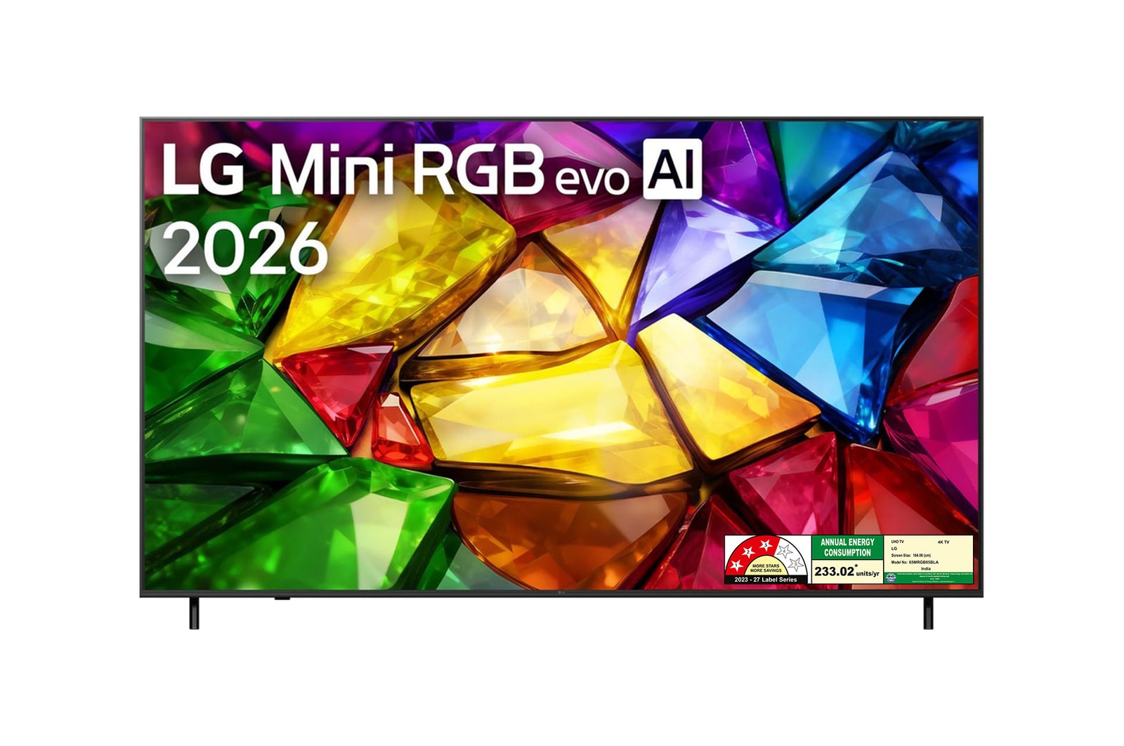 Front view of LG 164cm (65) 4K Mini RGB (MRGB85)  α8 Gen3 AI Processor,120 Hz Refresh Rate, AI Magic Remote Dolby Atmos, 2026 65MRGB85BLA