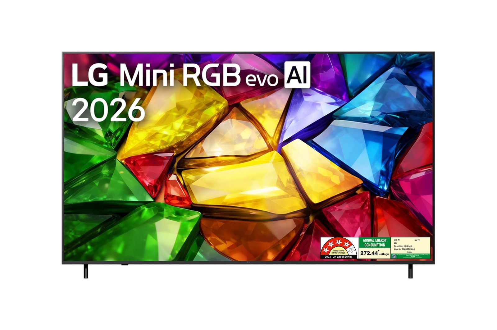 Front view of LG 189cm (75) 4K Mini RGB (MRGB85)  α8 Gen3 AI Processor,120 Hz Refresh Rate, AI Magic Remote Dolby Atmos, 2026 75MRGB85BLA