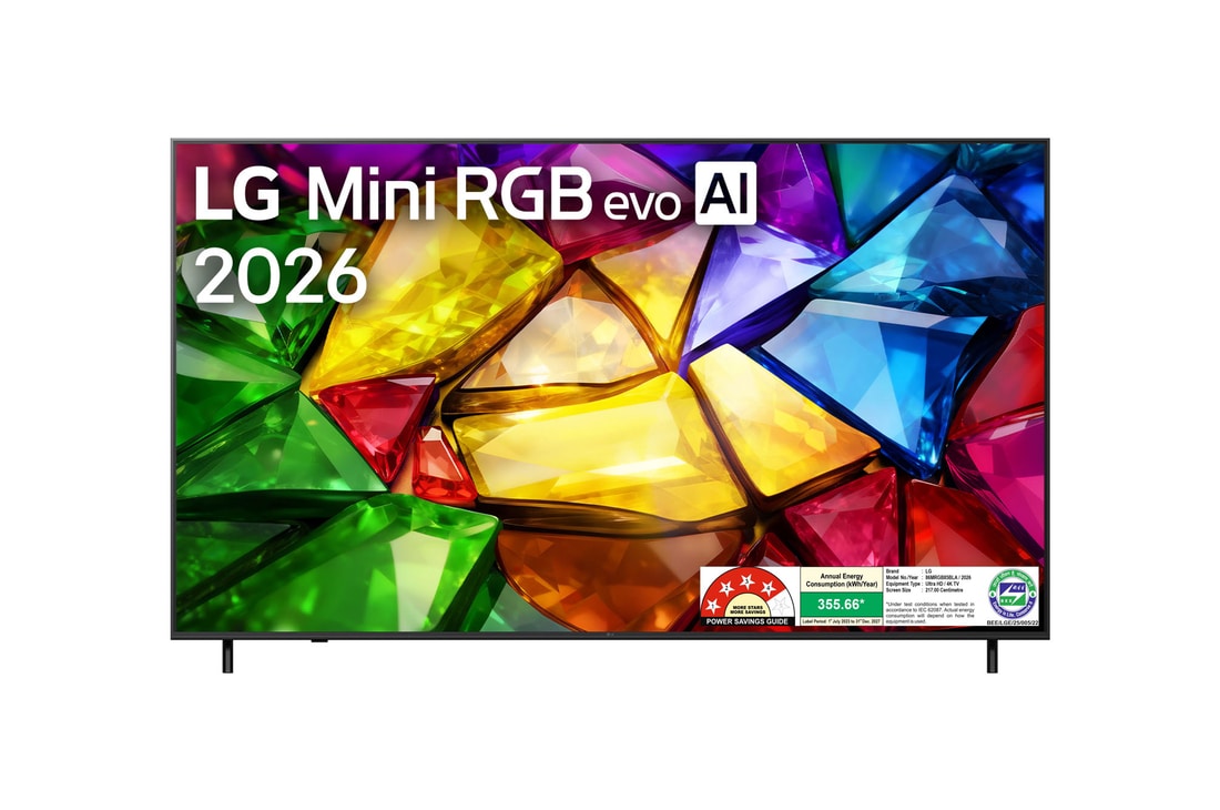 The front view of LG Mini RGB evo AI MRGB85, released in 2026, features a slim black bezel with short feet, while a vivid, crystalline image of sharply defined multicolored facets fills the screen.