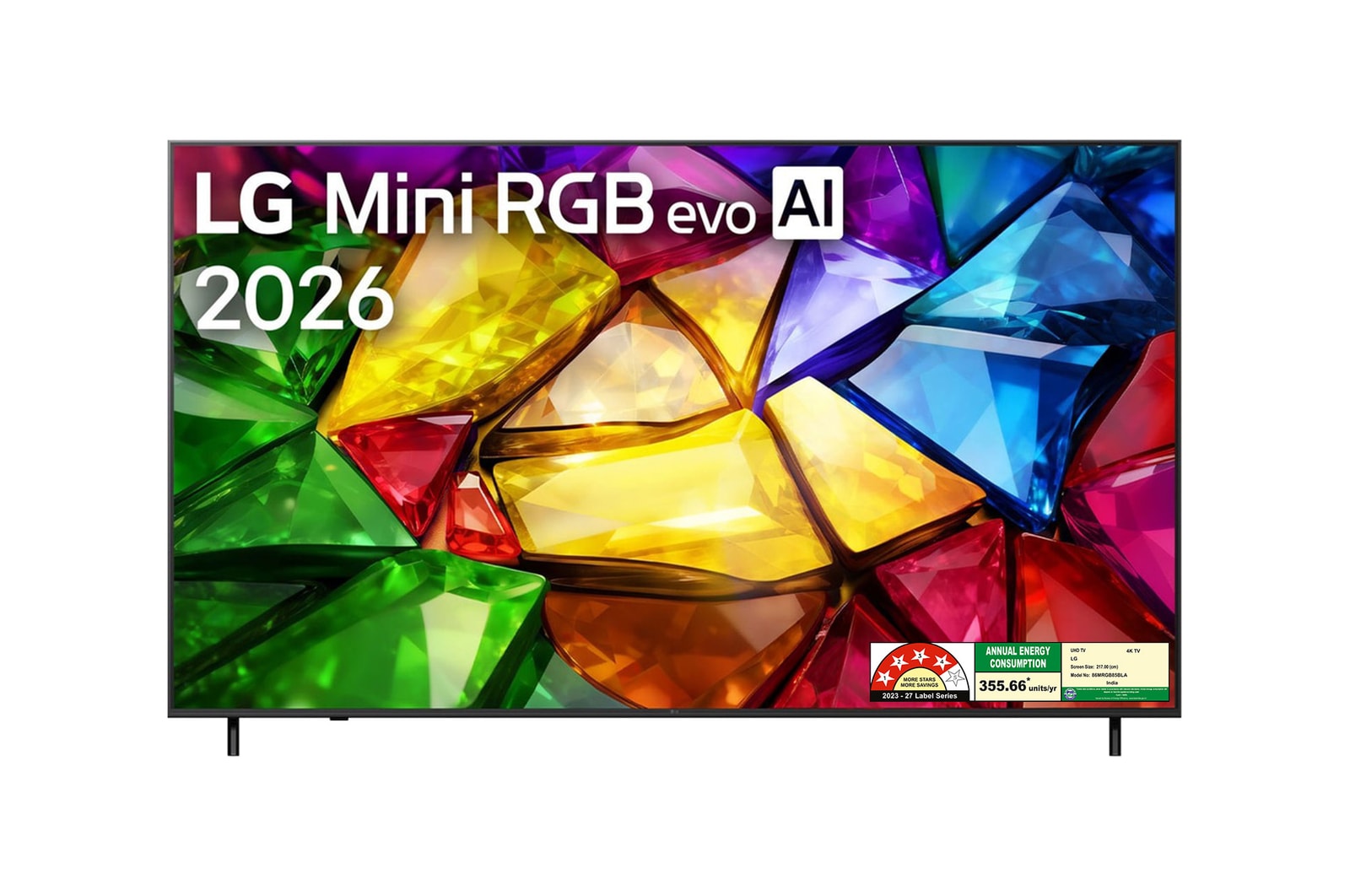 Front view of LG 217cm (86) 4K Mini RGB (MRGB85)  α8 Gen3 AI Processor,120 Hz Refresh Rate, AI Magic Remote Dolby Atmos, 2026 86MRGB85BLA