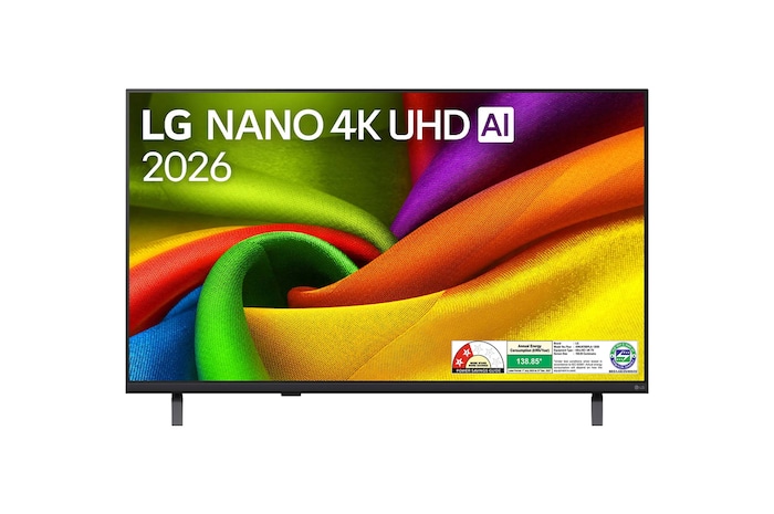 The front view of LG NANO 4K UHD AI NU87, released in 2026, fills the screen with smooth, flowing layers of vividly colored, fabric-like textures, as curved multicolored folds spread across the display.