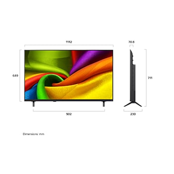 LG NANO 4K UHD AI NU85 shown in front and side views highlights a 50-inch display with a 1112 mm-wide screen, 649 mm screen height, 711 mm height with stand, a 70.8 mm profile depth, and a stand footprint measuring 902 by 230 mm.
