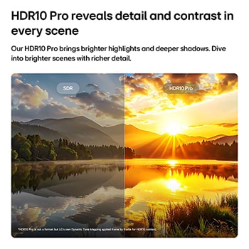 LG NANO 4K UHD AI NU85 highlights HDR10 Pro in a split scenic image comparing SDR and HDR10 Pro, revealing brighter highlights, deeper shadows, and enhanced contrast in a sunset lake scene for richer detail and clarity.