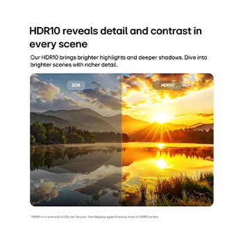LG NANO 4K UHD AI NU85 highlights HDR10 Pro in a split scenic image comparing SDR and HDR10 Pro, revealing brighter highlights, deeper shadows, and enhanced contrast in a sunset lake scene for richer detail and clarity.