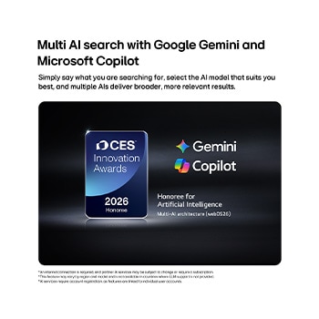 The 2026 CES Innovation Awards Honoree badge in the Artificial Intelligence category recognizes Multi-AI search with Google Gemini and Microsoft Copilot.