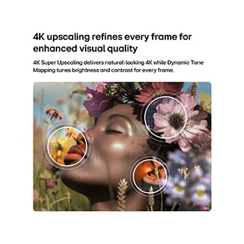 LG NANO 4K UHD AI NU85 enables 4K Super Upscaling with Dynamic Tone Mapping, showing a close-up portrait with flowers as AI refines each frame to enhance skin texture, fine details, and natural color up to 4K resolution.