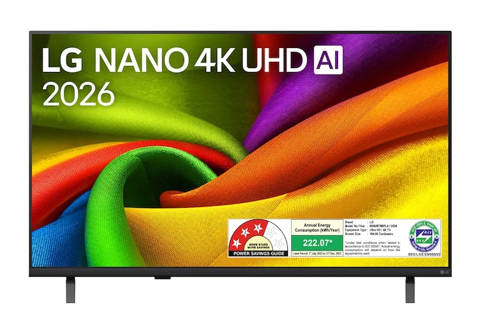 The front view of LG NANO 4K UHD AI NU875B, released in 2026, fills the screen with smooth, flowing layers of vividly colored, fabric-like textures, as curved multicolored folds spread across the display.