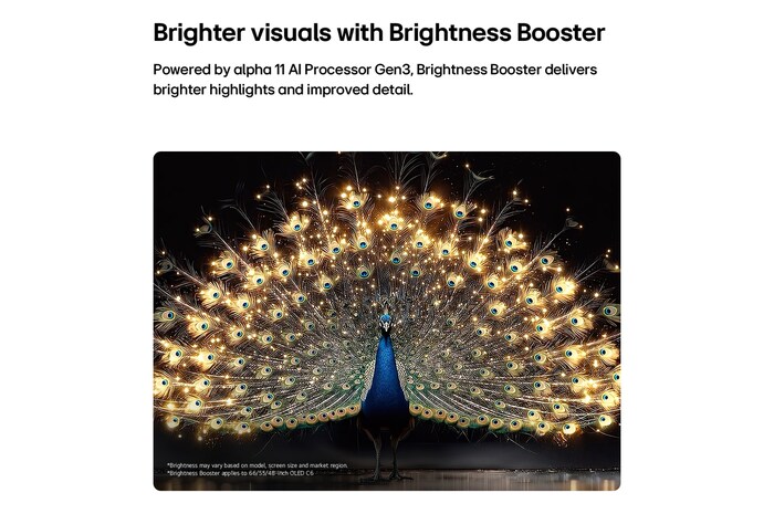 LG OLED evo AI C6 with Brightness Booster shows a dark scene where a brilliantly illuminated peacock spreads its radiant, glowing feathers, delivering brighter highlights with improved detail and striking contrast.