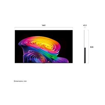 LG OLED evo AI C6 shown in front and side views highlights a 65-inch display with a 1441 mm-wide screen, an overall height of 826 mm, and an ultra-slim 45.1 mm depth without a stand.