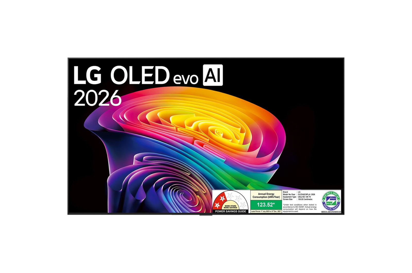 The front view of LG OLED evo AI C6, released in 2026, features a slim black bezel, with a vivid, sculpted swirl of layered rainbow tones flowing across the screen.