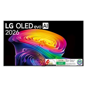 The front view of LG OLED evo AI C6, released in 2026, features a slim black bezel, with a vivid, sculpted swirl of layered rainbow tones flowing across the screen.