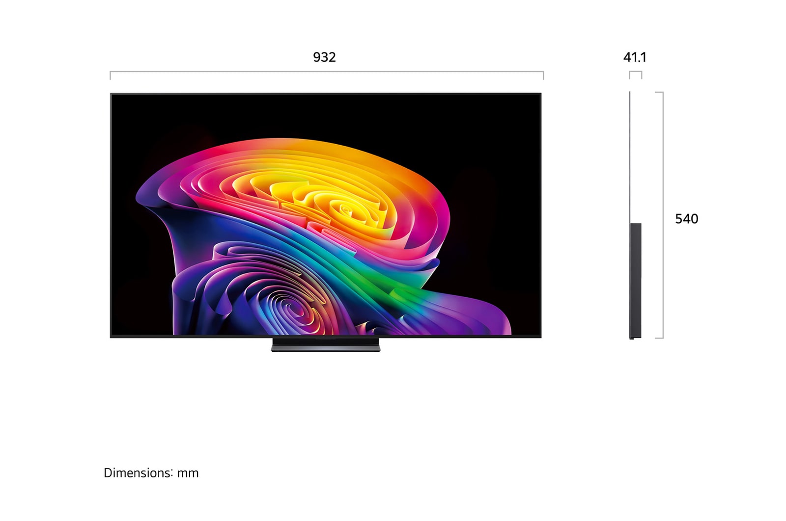 LG OLED evo AI C6 shown in front and side views highlights a 42-inch display with a 932 mm-wide screen, an overall height of 540 mm, and an ultra-slim 41.1 mm depth without a stand.