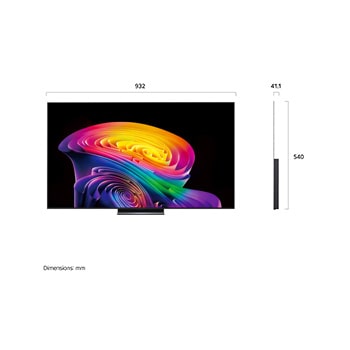 LG OLED evo AI C6 shown in front and side views highlights a 42-inch display with a 932 mm-wide screen, an overall height of 540 mm, and an ultra-slim 41.1 mm depth without a stand.