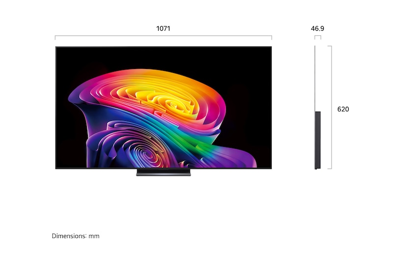 LG OLED evo AI C6 shown in front and side views highlights a 48-inch display with a 1071 mm-wide screen, an overall height of 620 mm, and an ultra-slim 46.9 mm depth without a stand.
