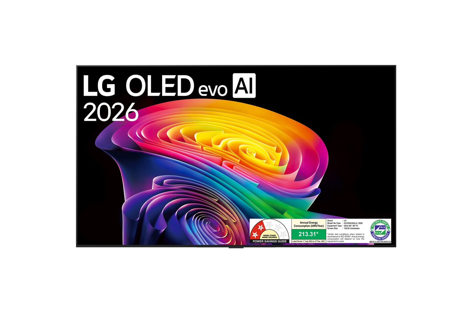 The front view of LG OLED evo AI C6, released in 2026, features a slim black bezel, with a vivid, sculpted swirl of layered rainbow tones flowing across the screen.