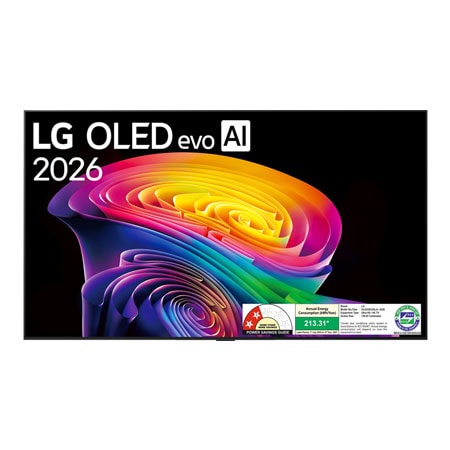 The front view of LG OLED evo AI C6, released in 2026, features a slim black bezel, with a vivid, sculpted swirl of layered rainbow tones flowing across the screen.